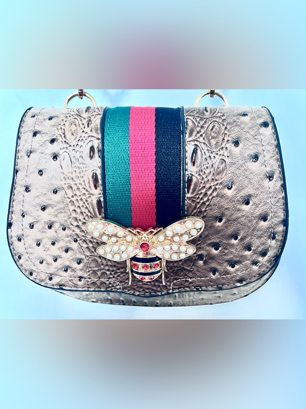 NWT Le Miel Metallic Crossbody Bag with Jewel Queen Bee Accent Red-Green Webbing